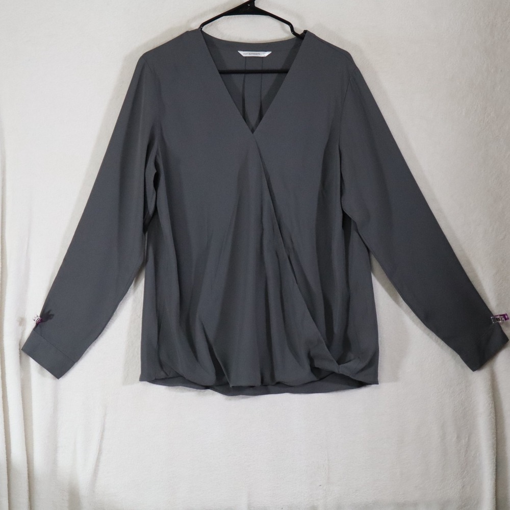 Port Authority Womens L Gray Surplice Wrap Blouse Long Sleeve V Neck Work Top